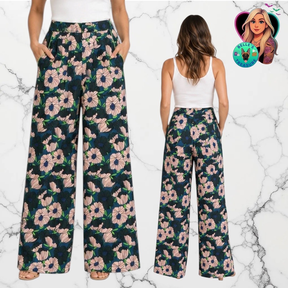 H&M Women's 4 Pink Green Bold Floral Print High Waist Wide Leg Pants Trousers